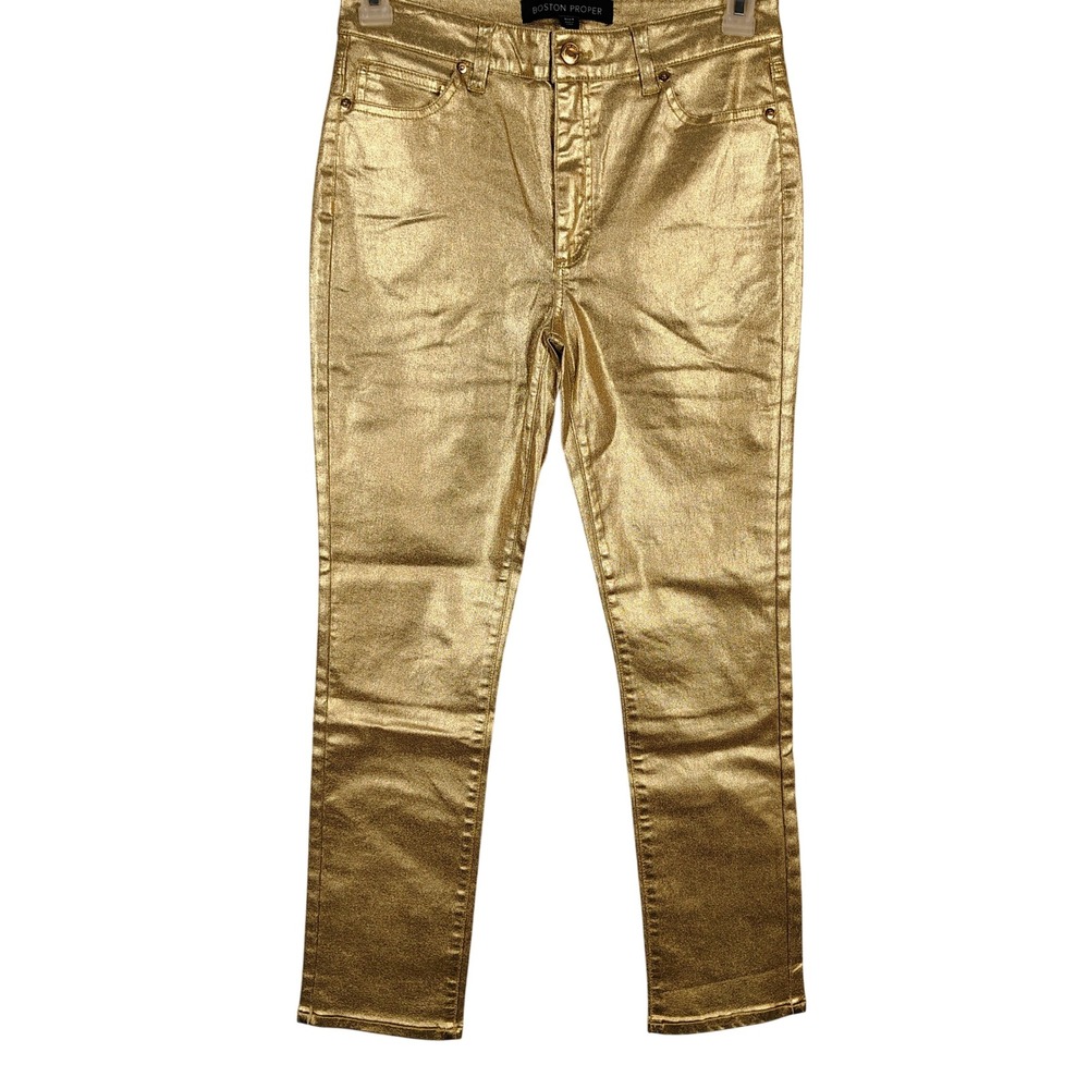 Boston Proper Womens SZ 6 Metallic Gold Skinny Jeans Glam Party Rocker